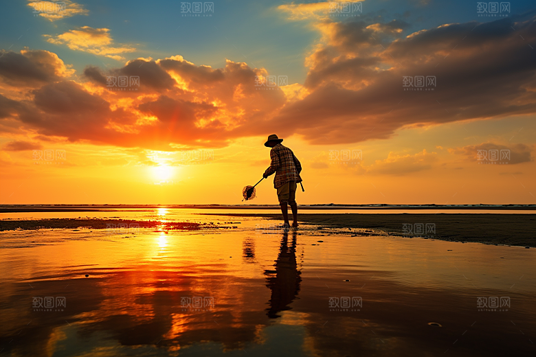 海边赶海捕捞清晨摄影图