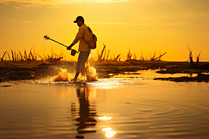 海边赶海夕阳滩涂摄影图