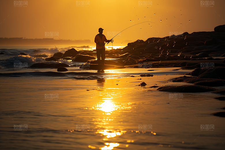 海边赶海潮汐夕阳摄影图