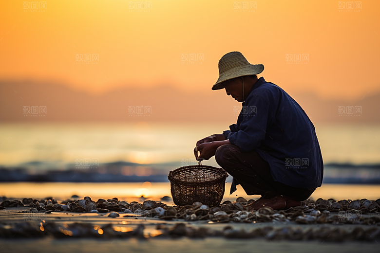 海边赶海清晨礁石摄影图