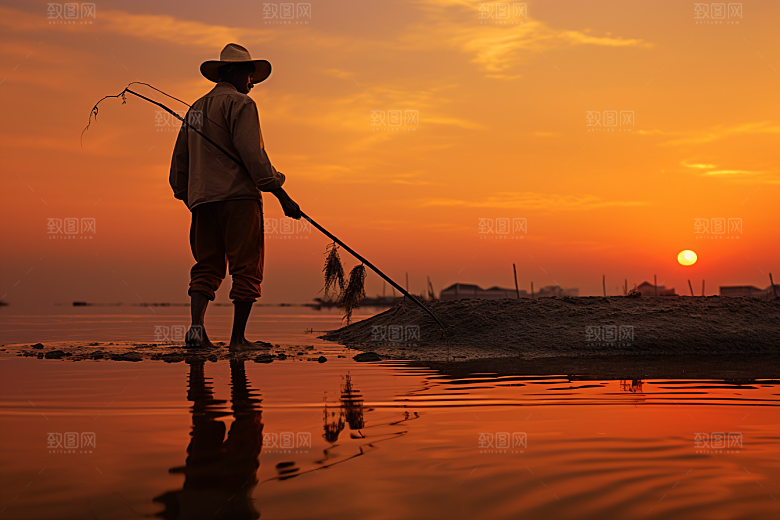 海边赶海落日滩涂摄影图