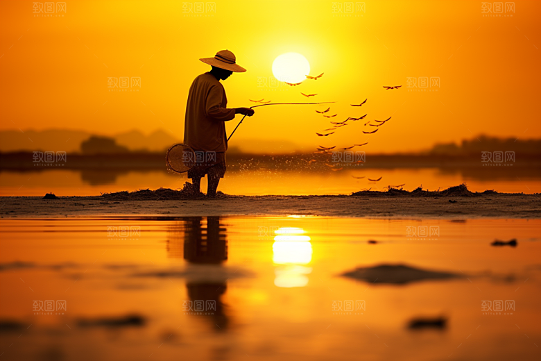 海边赶海夕阳海滩摄影图