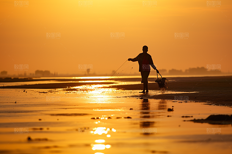 海边赶海夕阳海滩摄影图