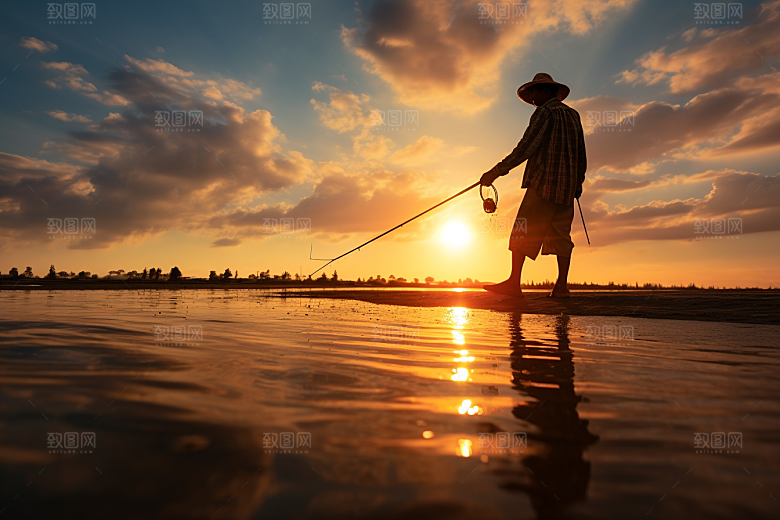 海边赶海礁石落日摄影图