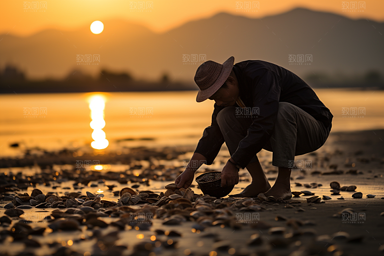 海边赶海清晨落日摄影图