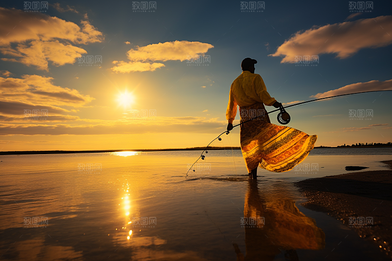 海边赶海夕阳捕捞摄影图