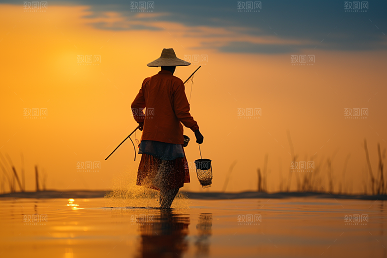 海边赶海落日礁石摄影图