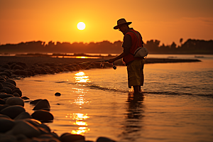 海边赶海夕阳滩涂摄影图