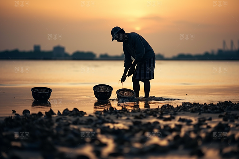 海边赶海夕阳潮汐摄影图