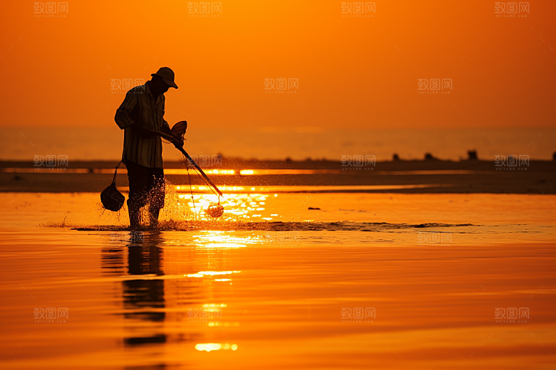 海边赶海渔获海滩摄影图
