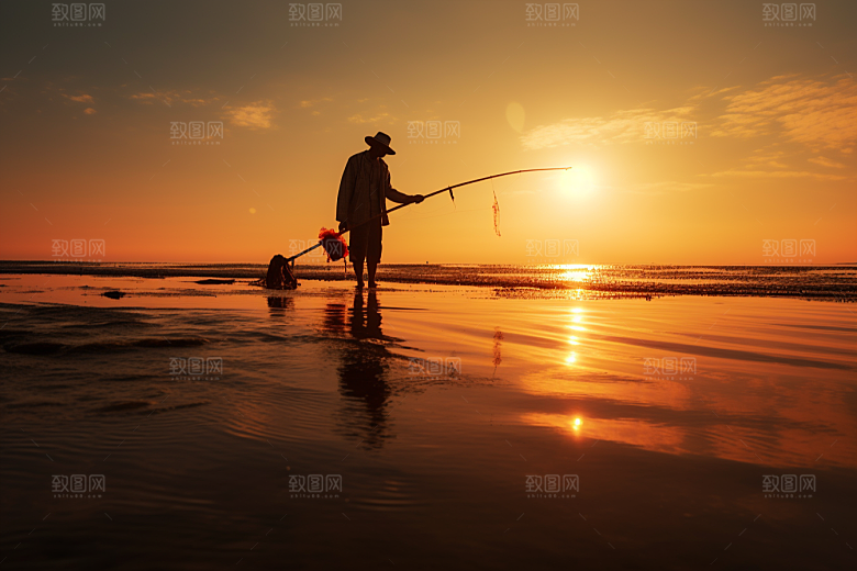 海边赶海捕捞清晨摄影图