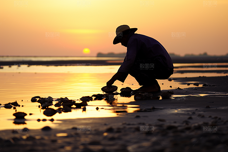 海边赶海夕阳捕捞摄影图