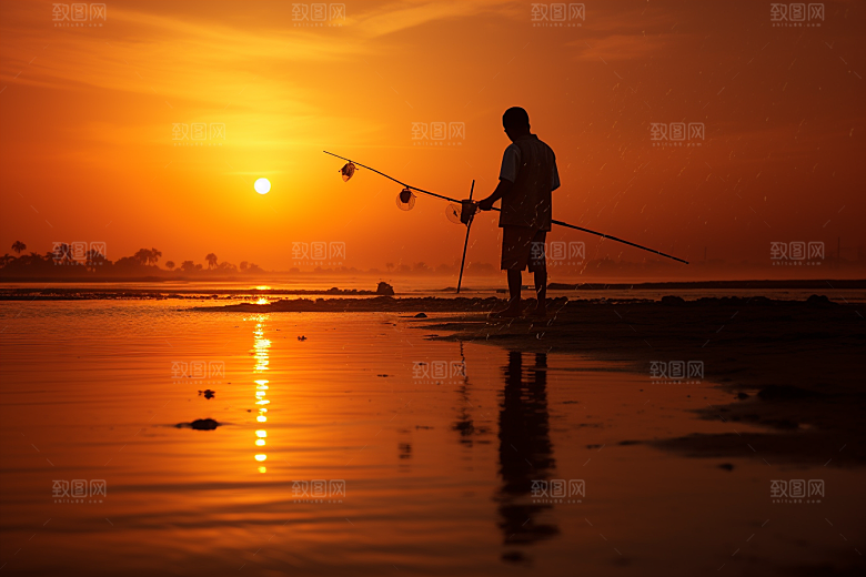 海边赶海落日海货摄影图