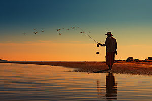 海边赶海夕阳清晨摄影图