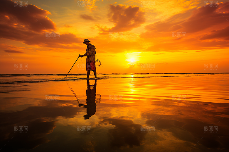海边赶海黎明夕阳摄影图