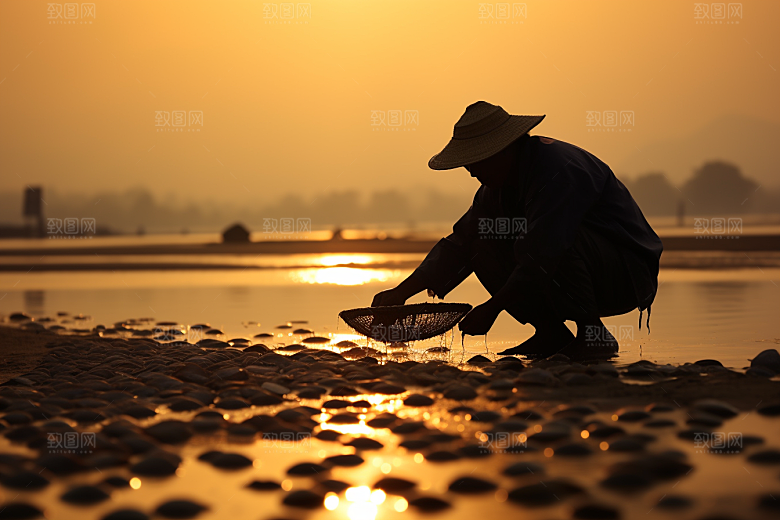 海边赶海落潮夕阳摄影图