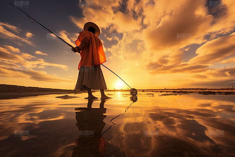 海边赶海黎明夕阳摄影图