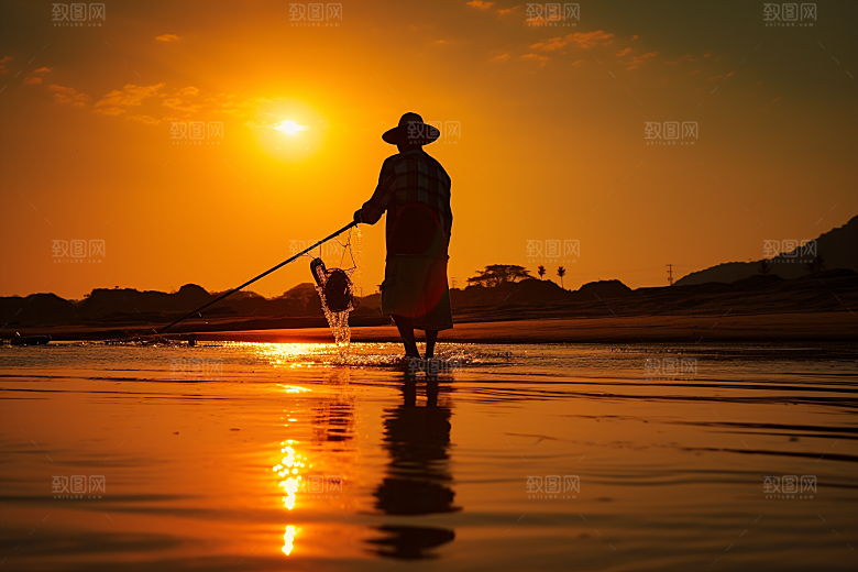 海边赶海捕捞清晨摄影图
