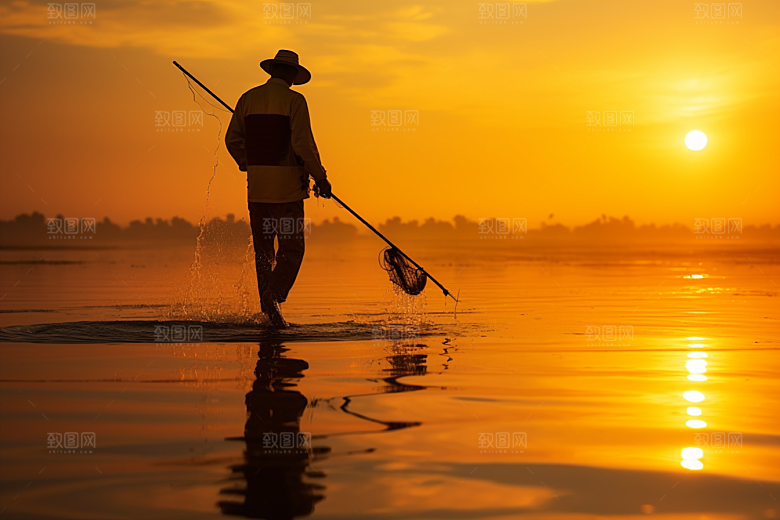 海边赶海高清夕阳摄影图