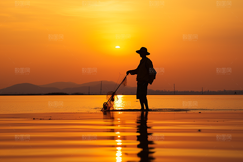 海边赶海余晖清晨摄影图