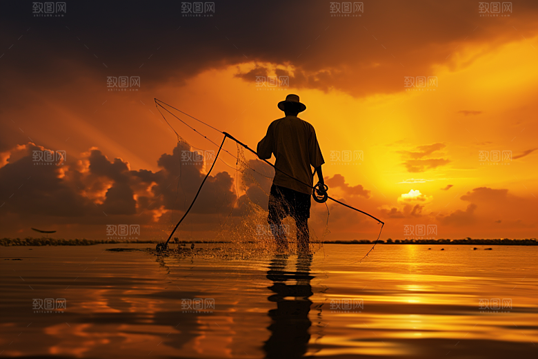海边赶海夕阳礁石摄影图