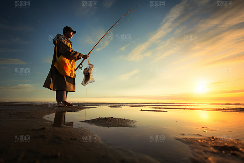 海边赶海潮汐落日摄影图