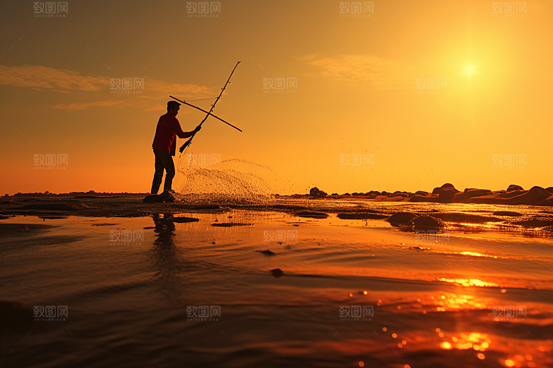 海边赶海余晖清晨摄影图