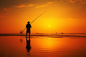 海边赶海清晨余晖摄影图