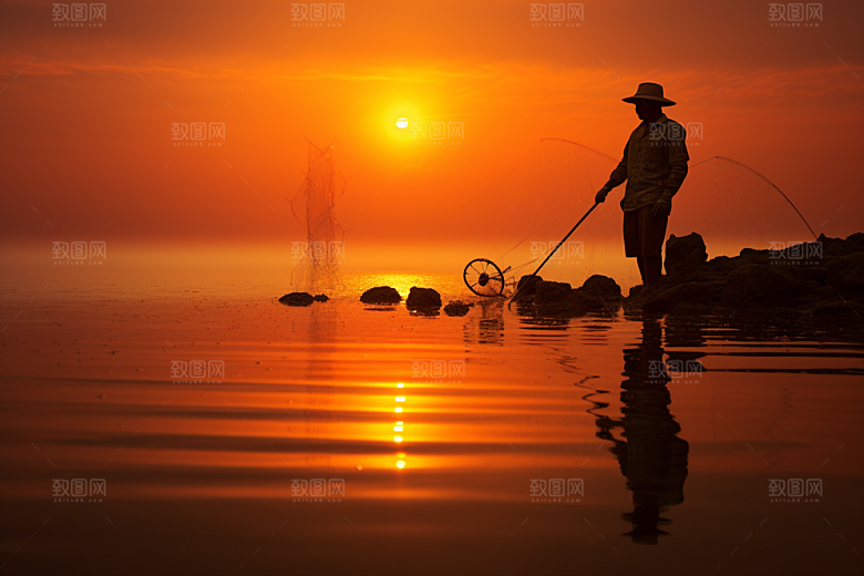 海边赶海渔获余晖摄影图