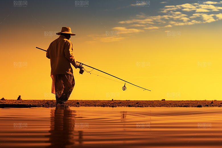 海边赶海夕阳余晖摄影图