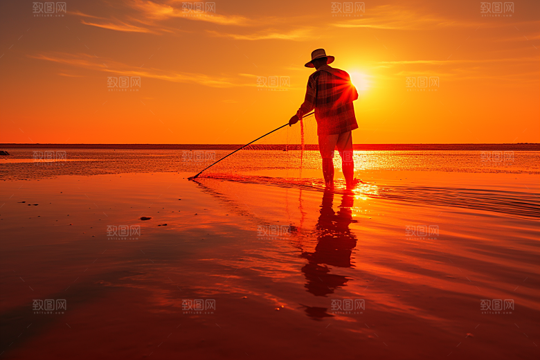 海边赶海夕阳海货摄影图