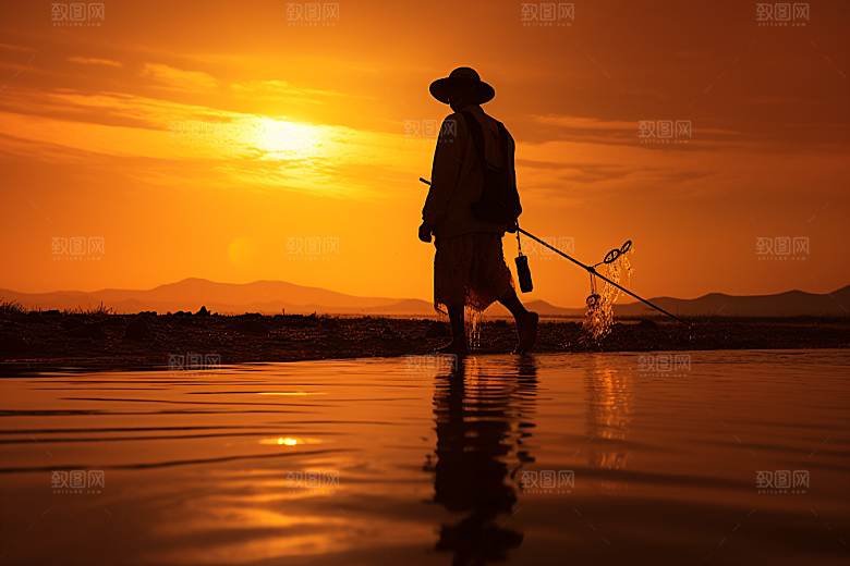 海边赶海渔获清晨摄影图