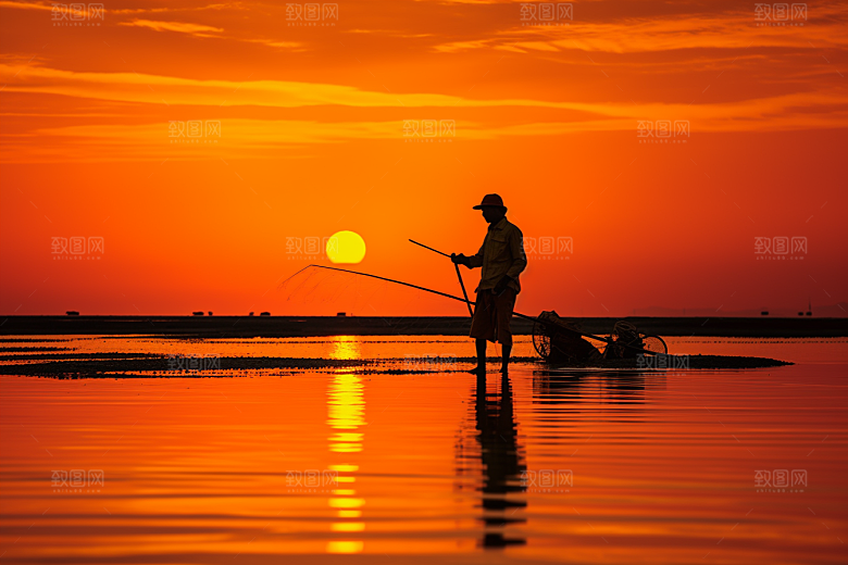 海边赶海夕阳礁石摄影图