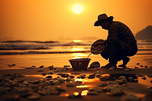海边赶海落日海滩摄影图