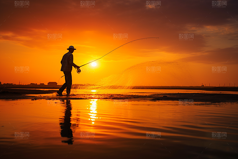海边赶海夕阳潮汐摄影图
