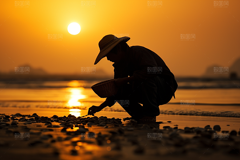 海边赶海捕捞余晖摄影图