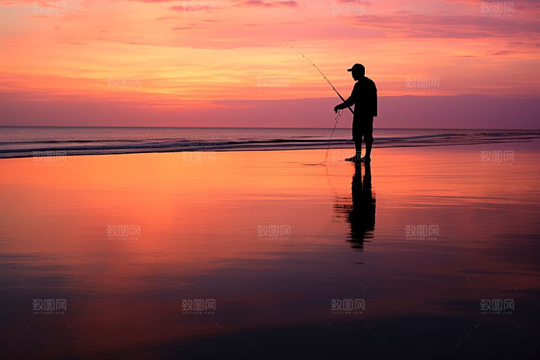 海边赶海夕阳渔获摄影图