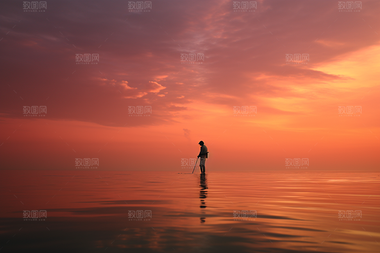 海边赶海落日海滩摄影图