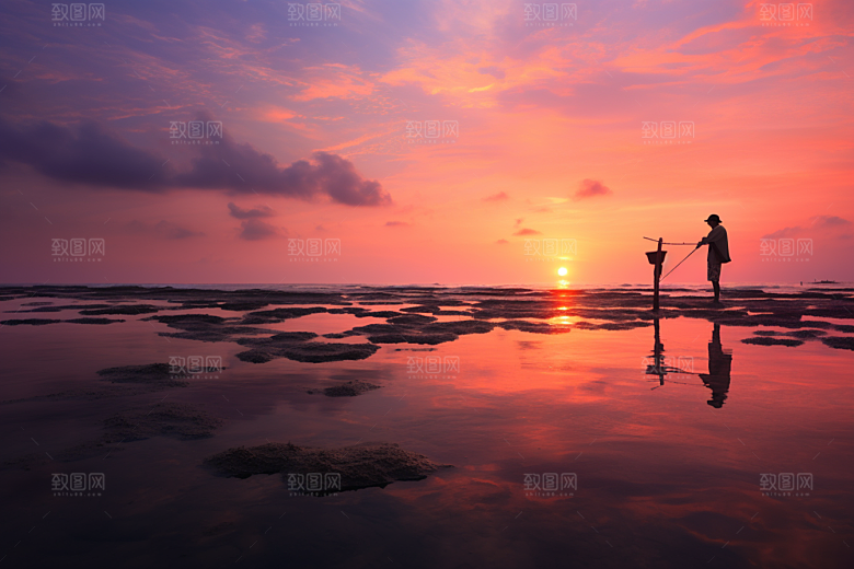 海边赶海余晖黎明摄影图