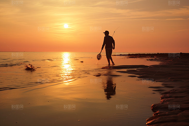 海边赶海礁石余晖摄影图