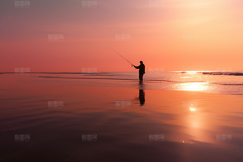 海边赶海夕阳渔获摄影图