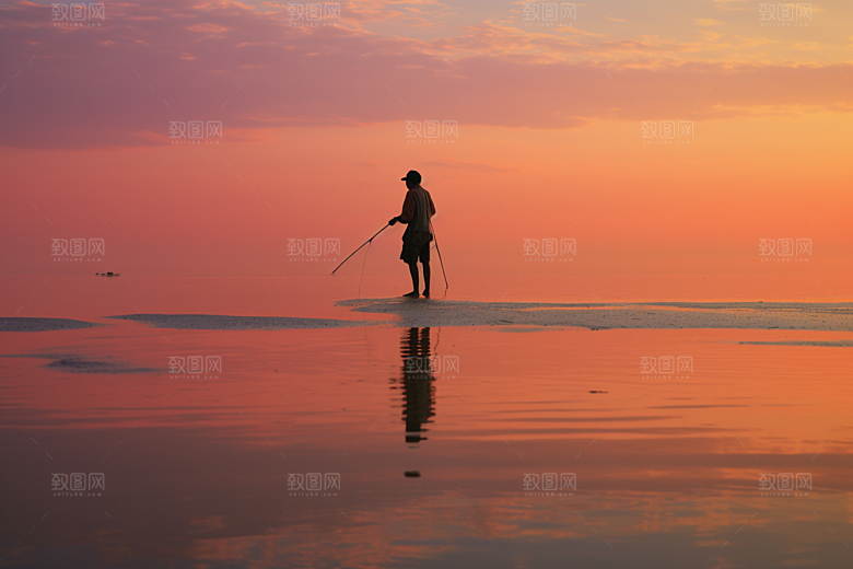 海边赶海礁石夕阳摄影图