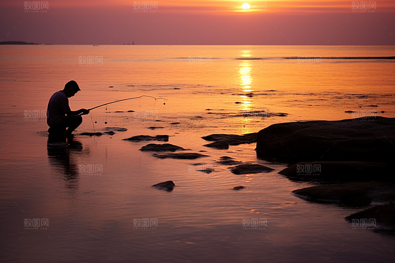 海边赶海夕阳余晖摄影图