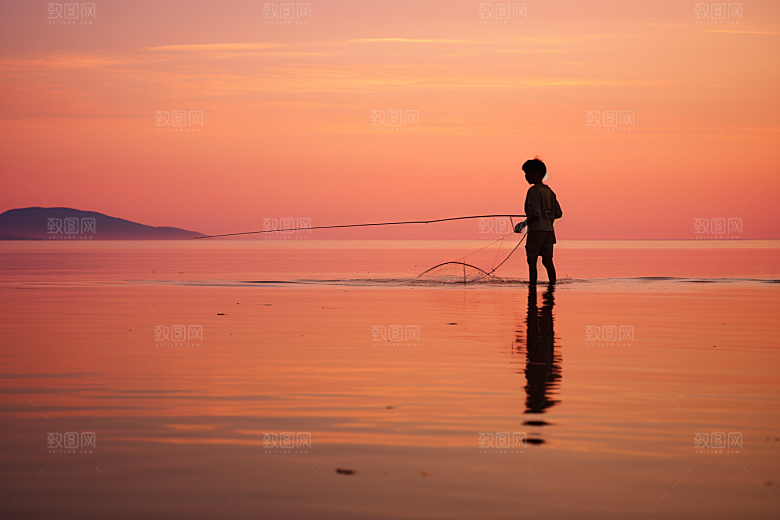 海边赶海礁石夕阳摄影图