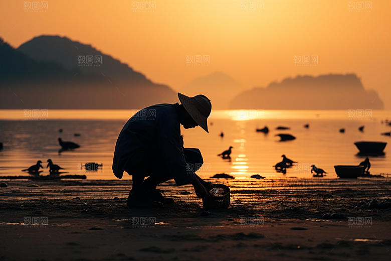 海边赶海清晨渔获摄影图