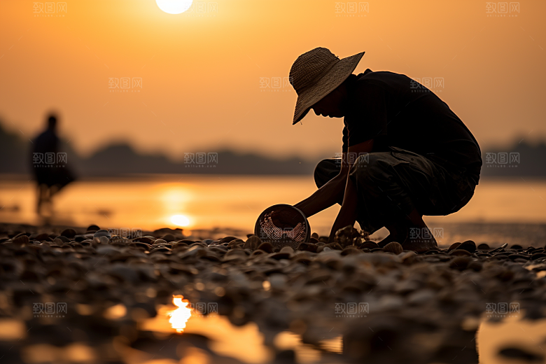 海边赶海夕阳高清摄影图