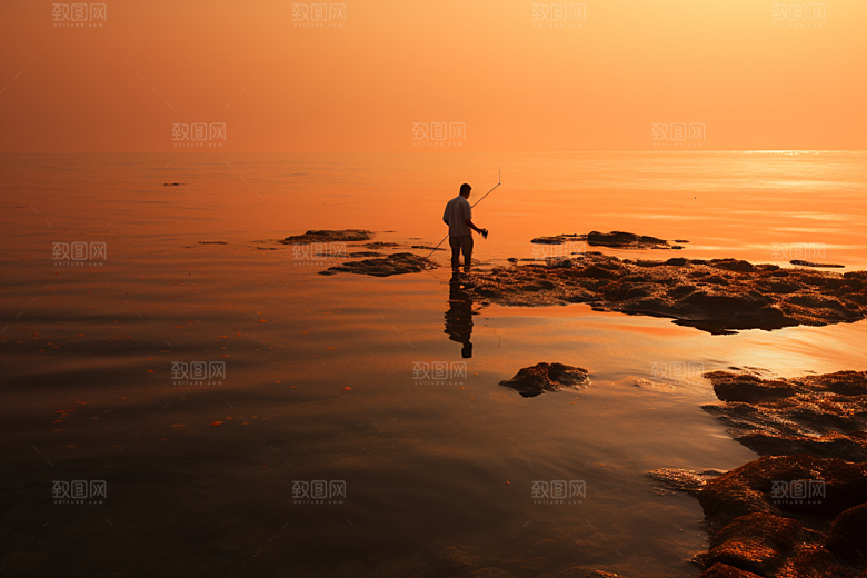 海边赶海滩涂清晨摄影图