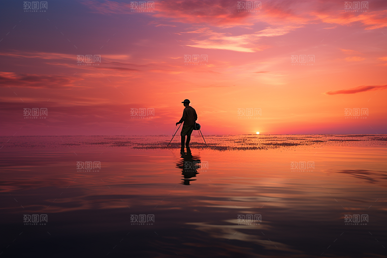 海边赶海余晖黎明摄影图