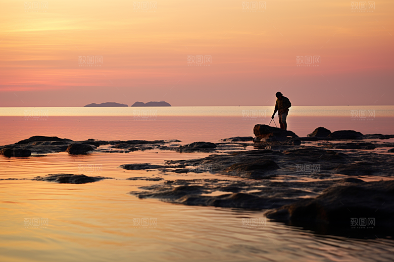 海边赶海潮汐清晨摄影图