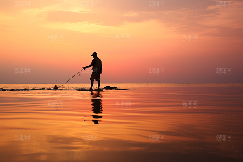 海边赶海夕阳落日摄影图